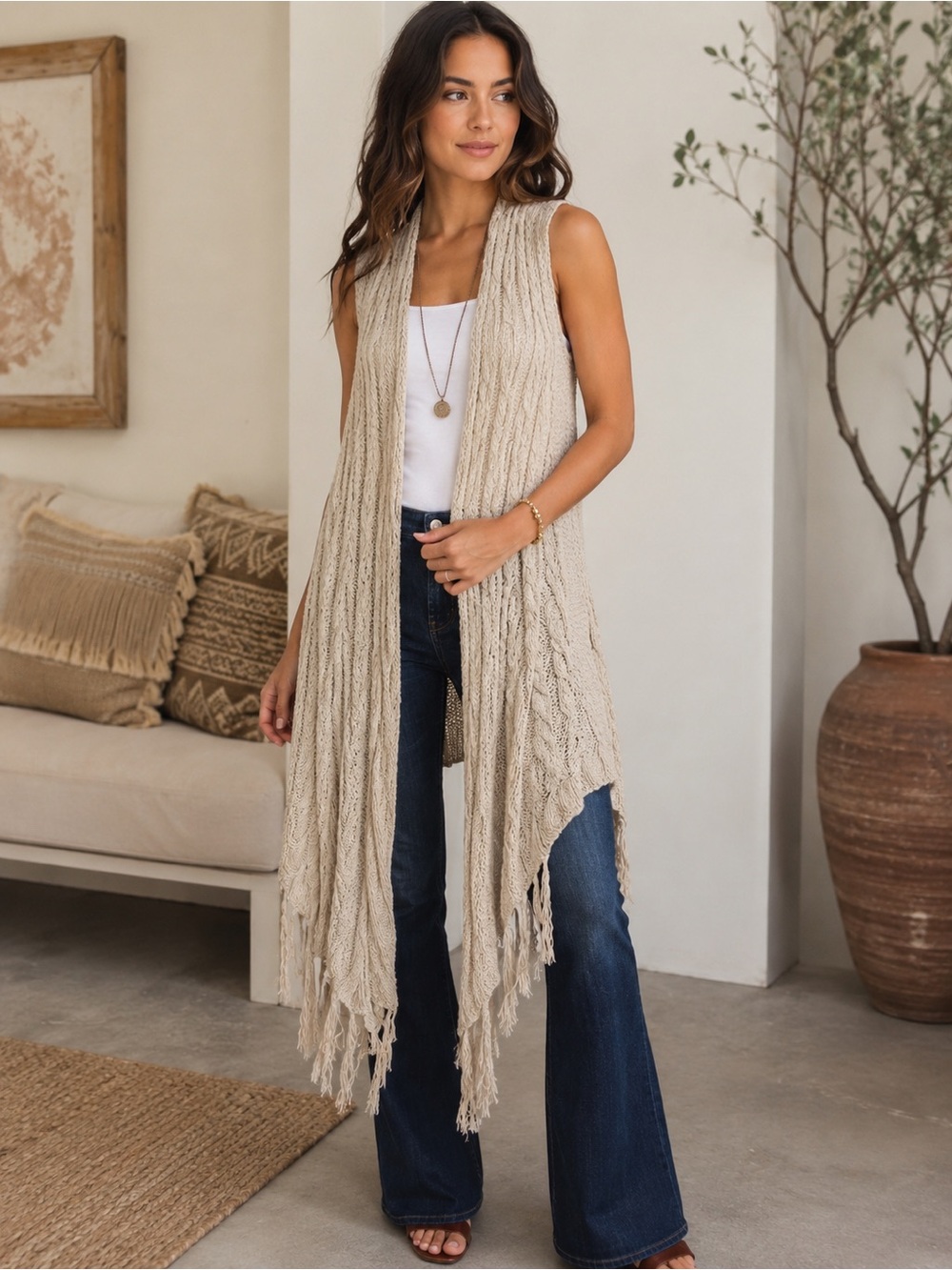 BY Together by Anthropologie 100% Cotton Cable Knit Fringe Vest | Size S/M | Boh